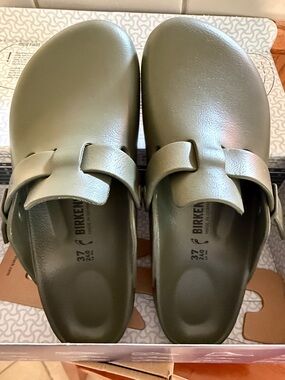 Birkenstock Olive Green Slip-On Clogs with Buckle Boston Eva Size 37